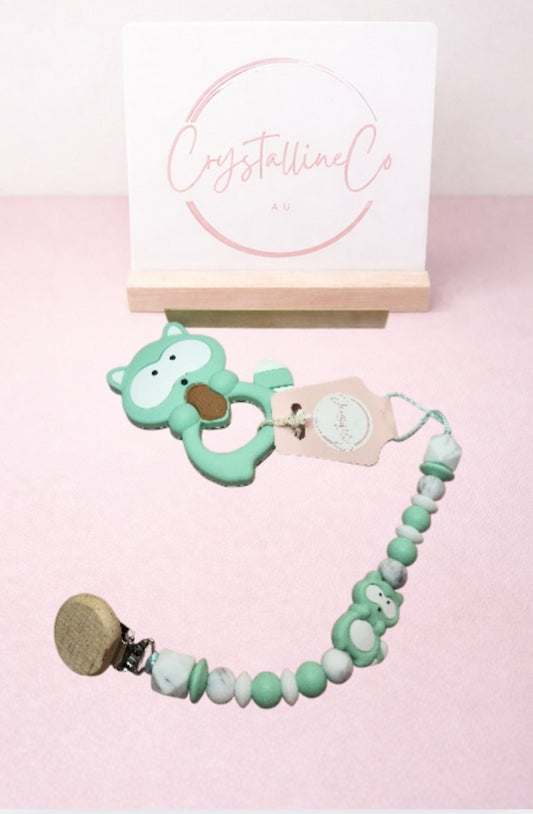 Minty Squirrel Pacifier Clip & Sensory Piece