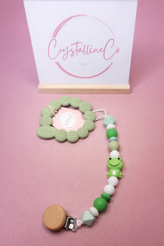Meadow Frog Pacifier Clip & Sensory Ring