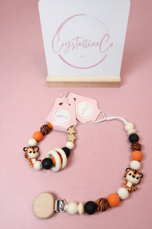 Golden Tiger Pacifier Clip & Sensory Ring