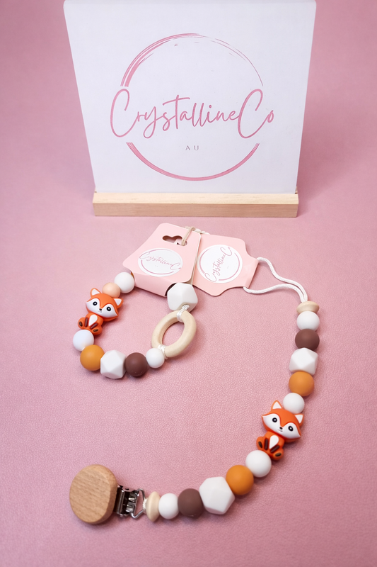 Amber Fox Pacifier Clip & Sensory Ring