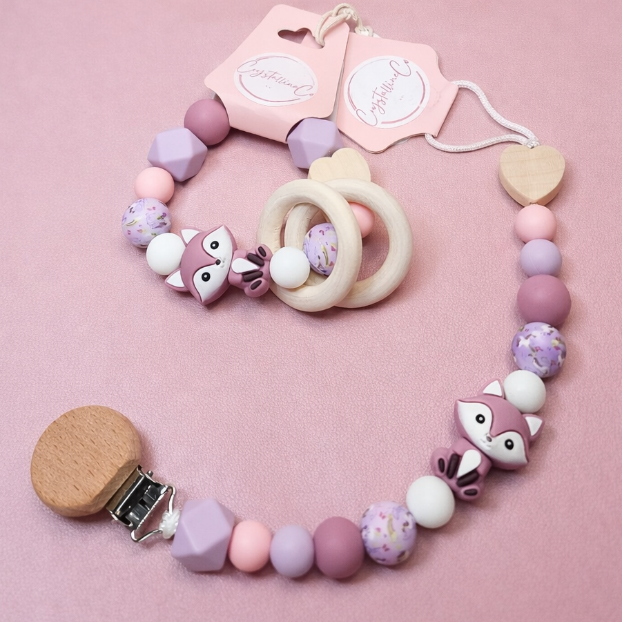 Blush Fox Pacifier Clip & Sensory Ring