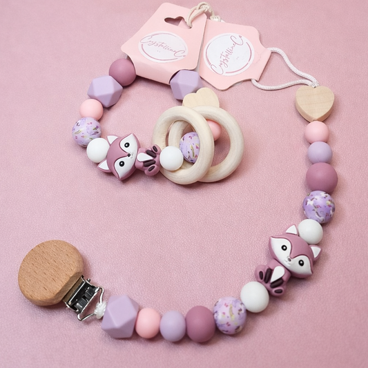 Blush Fox Pacifier Clip & Sensory Ring